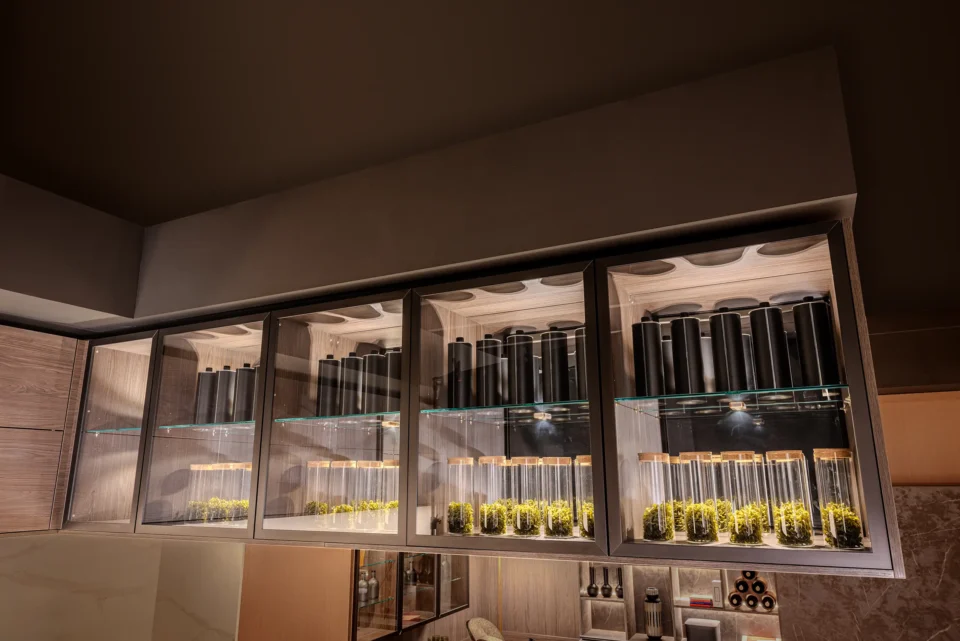 Ein dekorativer Regalbereich mit Glasfronten zeigt eine Reihe von transparenten Gefäßen mit grünen Pflanzen. Darüber und darunter befinden sich weitere Gefäße in Schwarz. Das Ambiente wirkt modern und stilvoll.