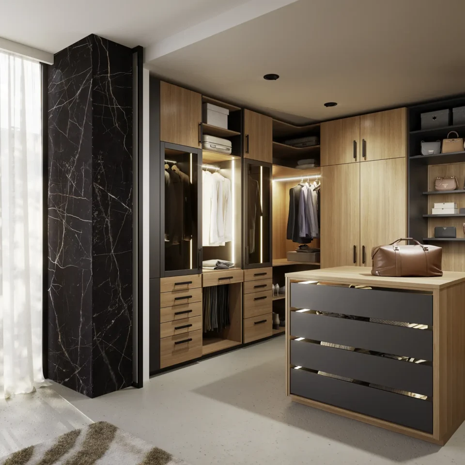 Begehbarer Kleiderschrank mit Holzmöbeln, offenen Regalen, Schubladen und beleuchteten Kleiderstangen. Ein zentraler Tisch für Accessoires. Rechts eine Handtasche, links ein großes Fenster mit Vorhang. Elegantes und modernes Design.
