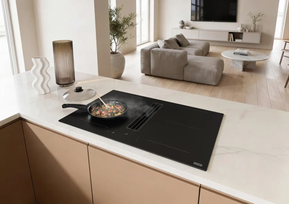 Eine moderne Küche mit einem Kochfeld auf einer Marmortheke. Eine Pfanne mit Gemüse und Kochlöffel steht darauf. Im Hintergrund sind ein Wohnzimmer mit Sofa, Couchtisch und Fernseher zu sehen.