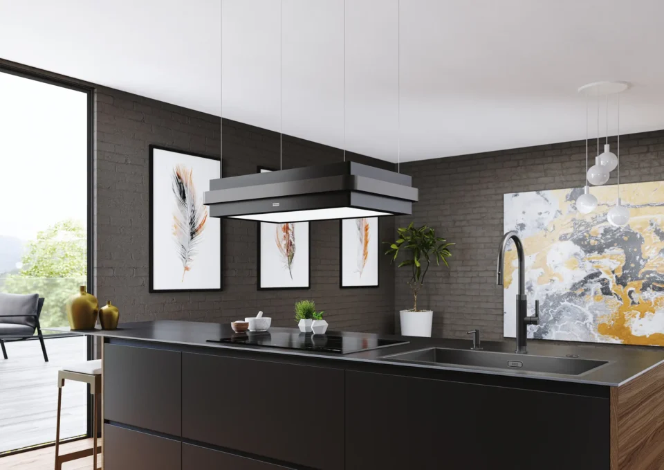 Moderne Küche mit schwarzer Kücheninsel und Einbauherd. Darüber hängt eine rechteckige Dunstabzugshaube. An der Wand sind mehrere Bilder, und ein Fenster bietet Blick ins Freie. Pflanzen und Dekorationen sind vorhanden.